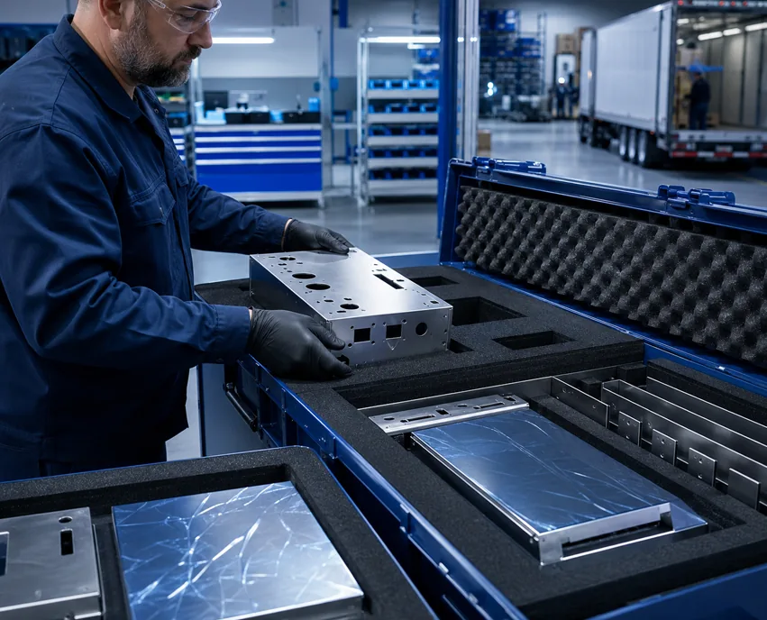 Finished precision metal assemblies secured in protective packaging for customer delivery