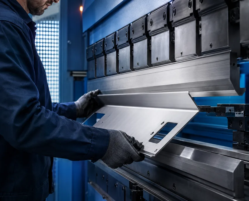 Sentry technician forming a precision sheet metal panel with an industrial press brake