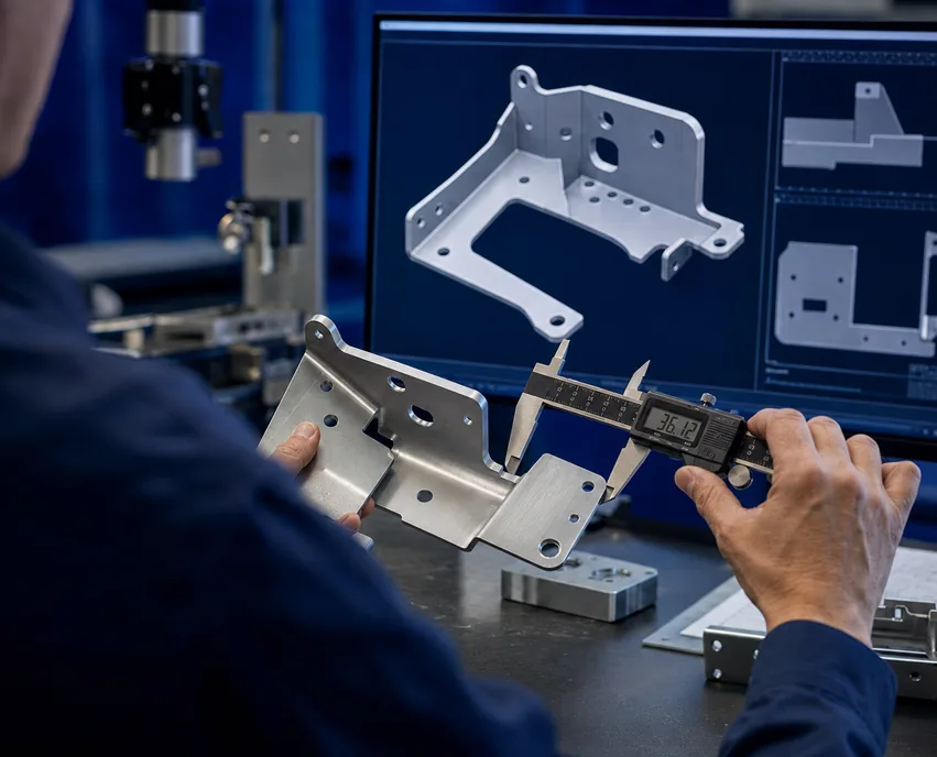 Fabrication specialist measuring a custom metal bracket against its CAD model for quality assurance
