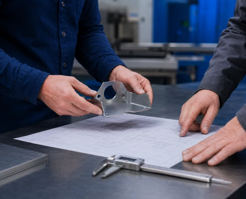 Sentry specialists reviewing a precision sheet metal part against an engineering drawing during project intake