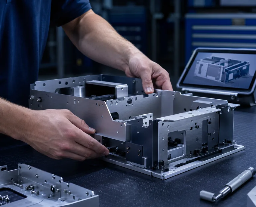 Technician integrating fabricated sheet metal components into a precision prototype assembly