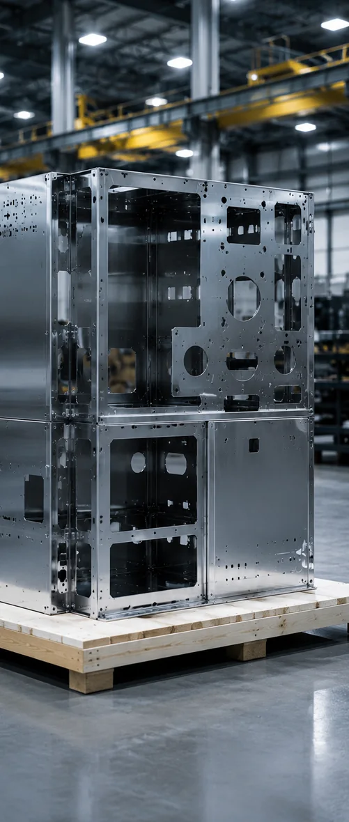 Completed sheet metal enclosure on a factory floor